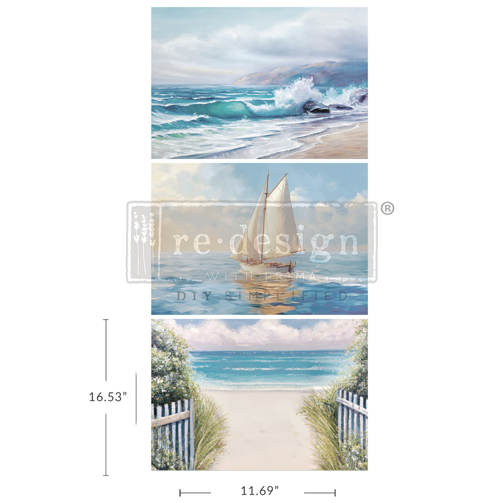 Seascape Melody (size A3) Set ReDesign with Prima Decoupage Tissue Paper set of 3 designs. Ocean, beach and Sailboat.