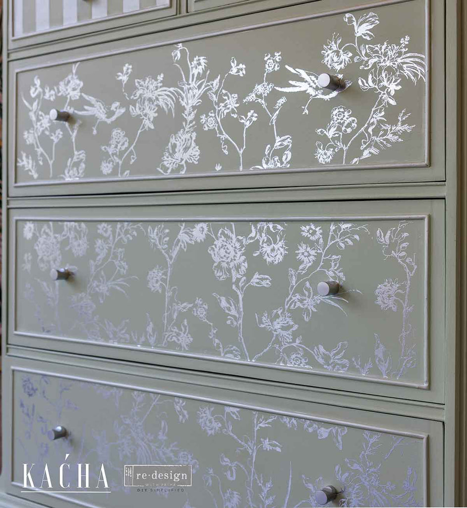 Silver Foil Kacha - Silver Bird 18"x24" ReDesign Prima Decor Transfer. Pattern with Bird on floral branches.