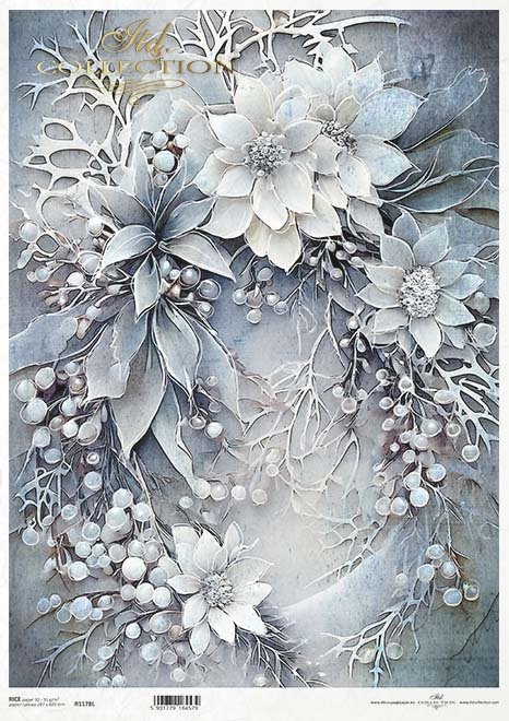 Silver poinsettias and berries on silver background. ITD Collection Rice Paper