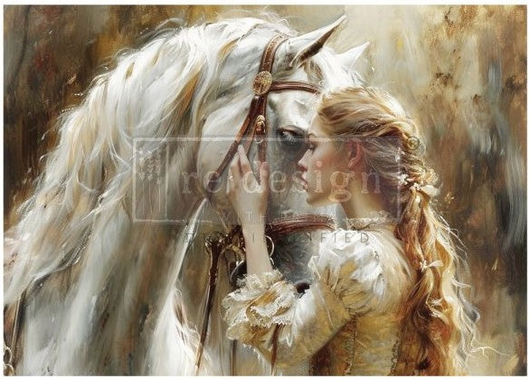 ReDesign with Prima's Soulful Bond A1 size Tear Resistant Decoupage Paper with white horse and woman face to face.
