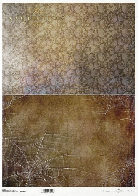 Two scenes skulls and spider webs on brown background. ITD Collection Rice Paper
