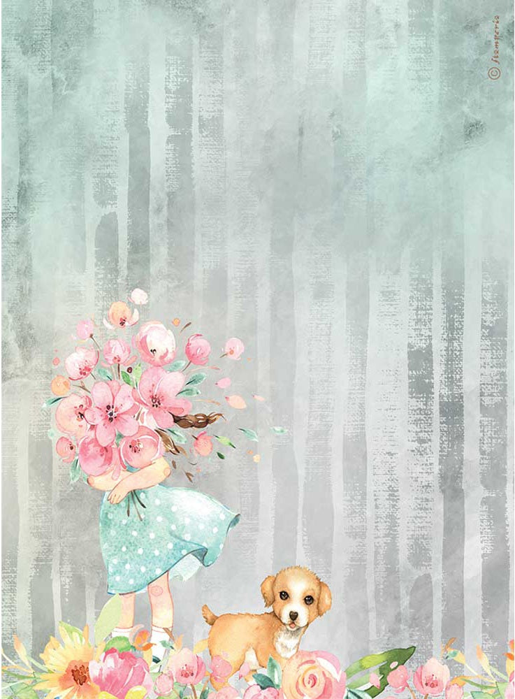 Girl holding pink flowers with dog on grey green background. Colorful European Rice paper used for Decoupage Art, Decoupage Crafts and Home Decor. 