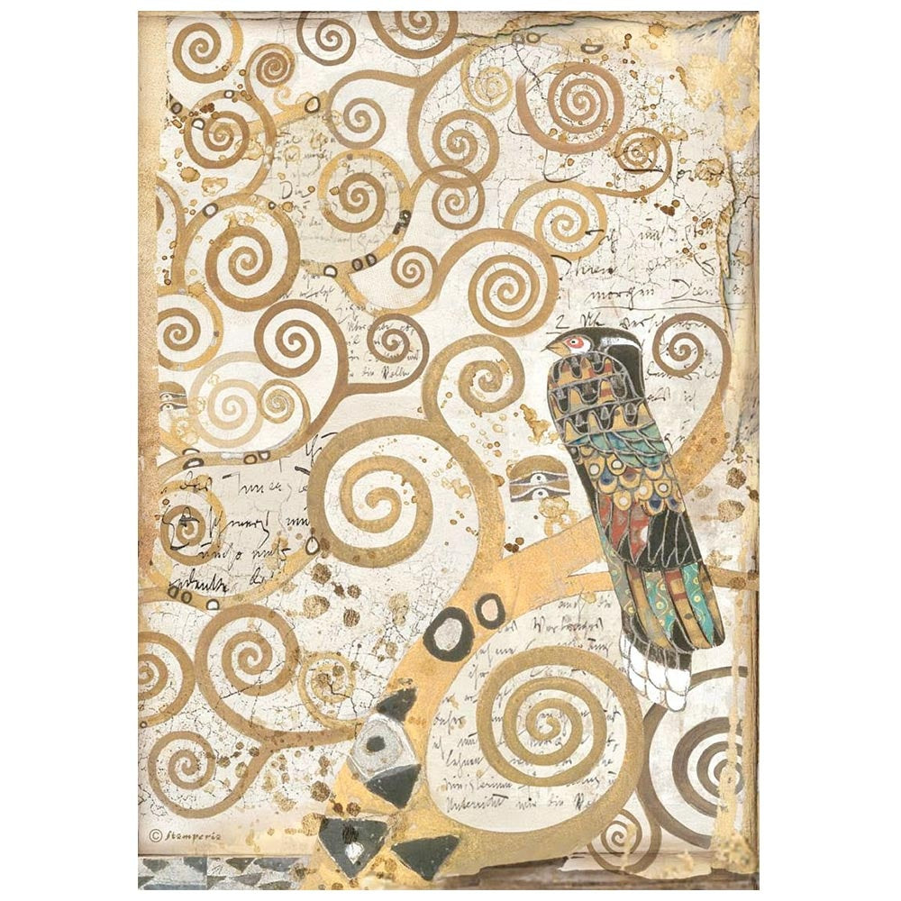 Gold swirls tree  with colorful exotic bird. Colorful European Rice paper used for Decoupage Art, Decoupage Crafts and Home Decor. 