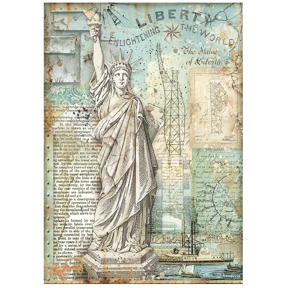 Statue of liberty on beige green background. Colorful European Rice paper used for Decoupage Art, Decoupage Crafts and Home Decor. 