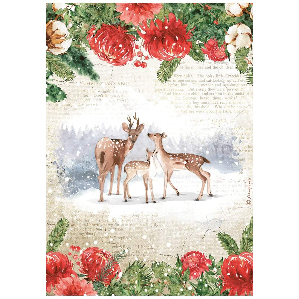 Deers in winter snow with red floral border. Colorful European Rice paper used for Decoupage Art, Decoupage Crafts and Home Decor. 