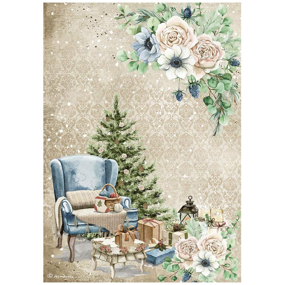 Blue chair with Christmas tree and presents. Colorful European Rice paper used for Decoupage Art, Decoupage Crafts and Home Decor. 