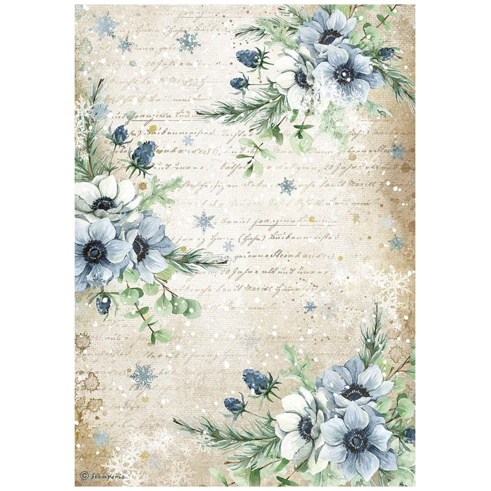 Blue flowers on tan background. Colorful European Rice paper used for Decoupage Art, Decoupage Crafts and Home Decor. 