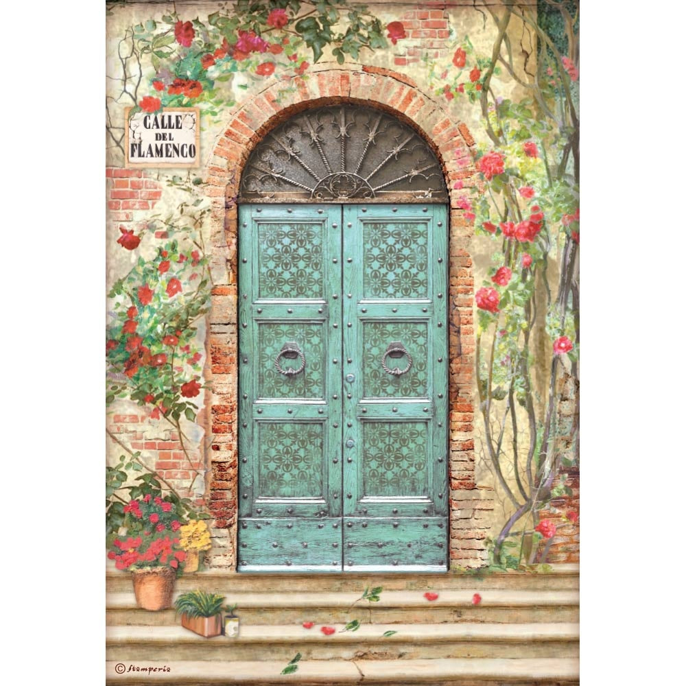 Pink flowery courtyard with green door. Colorful European Rice paper used for Decoupage Art, Decoupage Crafts and Home Decor. 