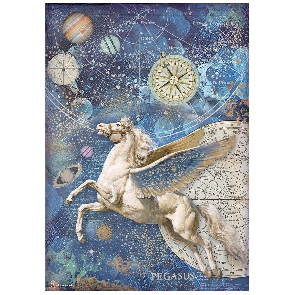 Pegasus horse flying in space. Colorful European Rice paper used for Decoupage Art, Decoupage Crafts and Home Decor. 