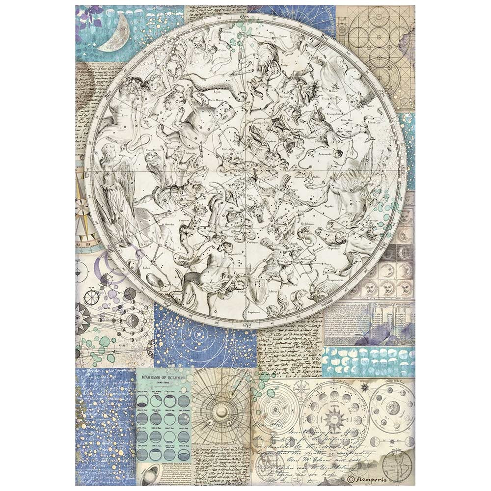Zodiac characters in circle on blue & tan background. Colorful European Rice paper used for Decoupage Art, Decoupage Crafts and Home Decor. 