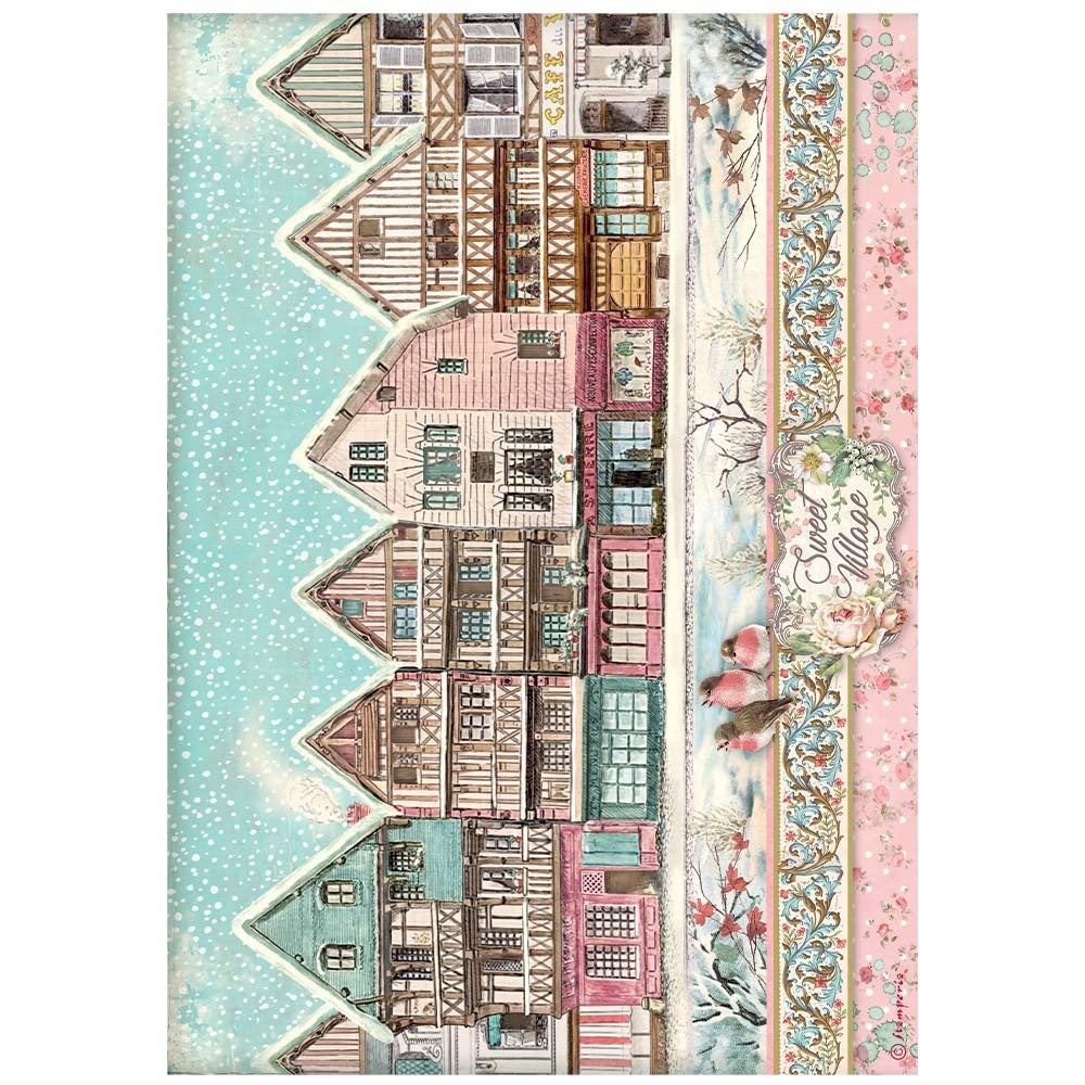 Pink townhouse village in snow. Colorful European Rice paper used for Decoupage Art, Decoupage Crafts and Home Decor. 