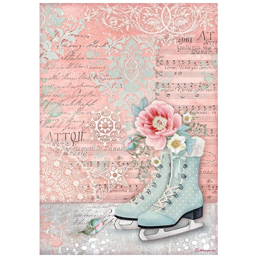 Ice skates on pink background with music staff. Colorful European Rice paper used for Decoupage Art, Decoupage Crafts and Home Decor. 