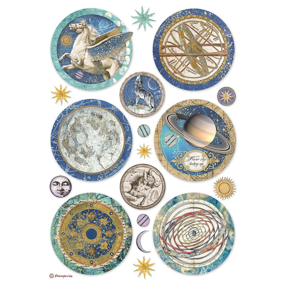 Blue circles with Astronomy emblems. Colorful European Rice paper used for Decoupage Art, Decoupage Crafts and Home Decor. 