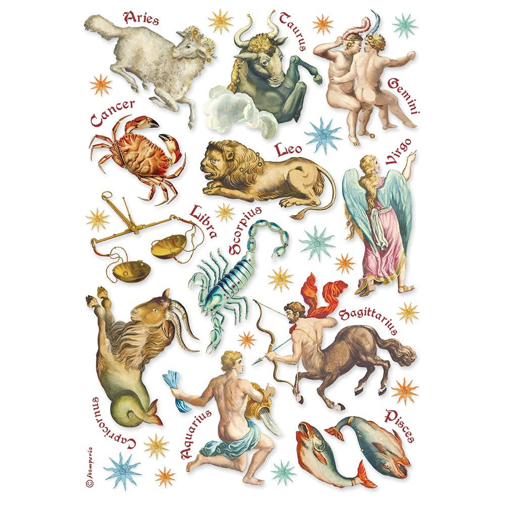 Colorful zodiac characters. Colorful European Rice paper used for Decoupage Art, Decoupage Crafts and Home Decor. 
