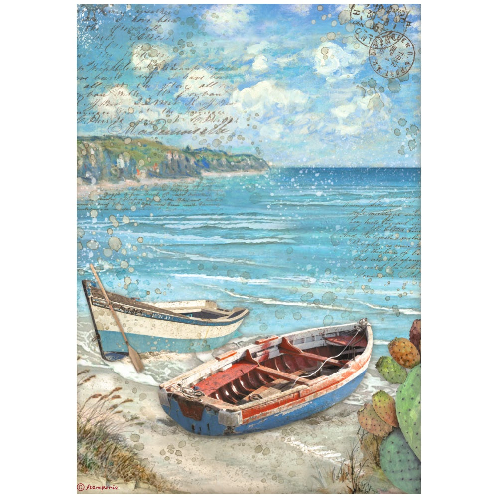 Boats on sand next to blue sea & mountains. Colorful European Rice paper used for Decoupage Art, Decoupage Crafts and Home Decor. 