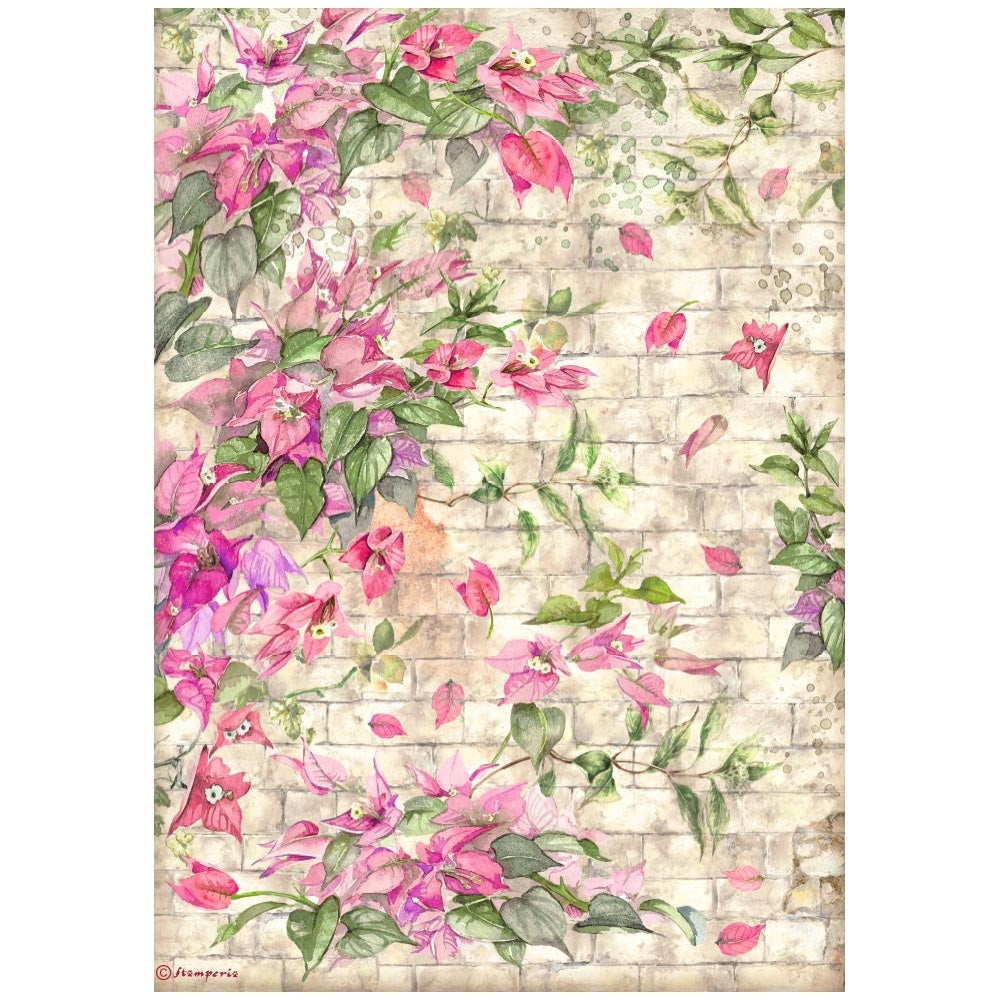 Pink flowers and green leaves on brick background. Colorful European Rice paper used for Decoupage Art, Decoupage Crafts and Home Decor. 