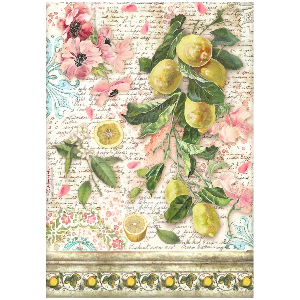 Hanging lemons and pink flowers. Colorful European Rice paper used for Decoupage Art, Decoupage Crafts and Home Decor. 