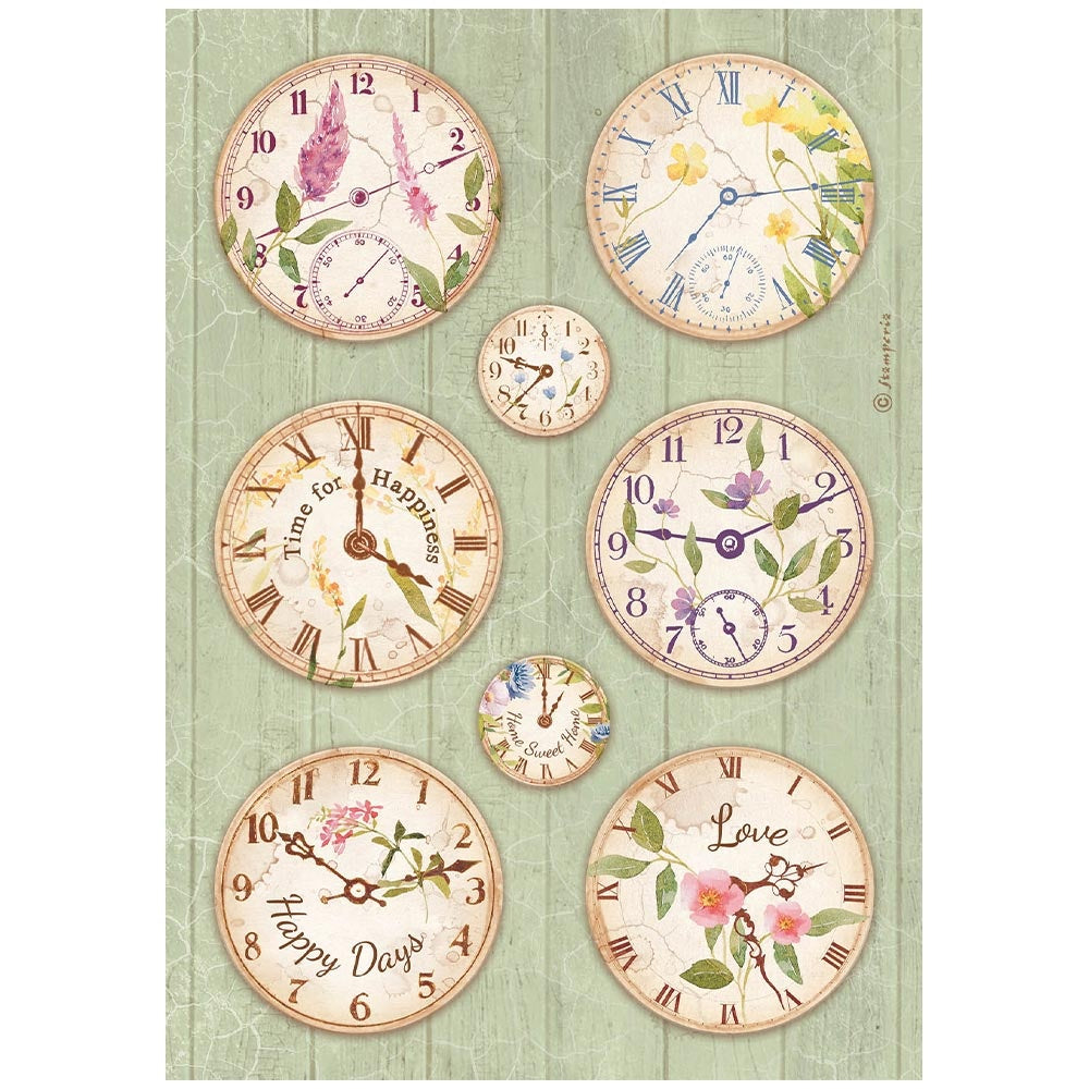 8 Clocks with flowers on green background. Colorful European Rice paper used for Decoupage Art, Decoupage Crafts and Home Decor. 