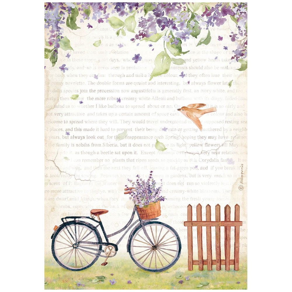 Bicycle under purple flowered tree. Colorful European Rice paper used for Decoupage Art, Decoupage Crafts and Home Decor. 