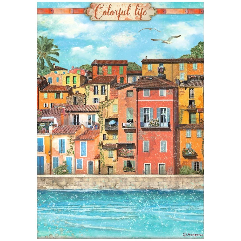 Seaside Townhouses in orange and red. Colorful European Rice paper used for Decoupage Art, Decoupage Crafts and Home Decor. 