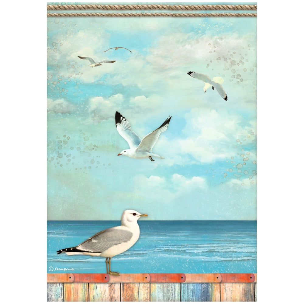 Seagulls at ocean side. Colorful European Rice paper used for Decoupage Art, Decoupage Crafts and Home Decor. 
