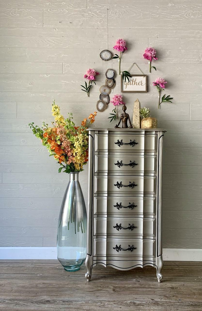 Tall 6 drawer cabinet painted with Dixie Belle Moonshine Metallics paint in the color Steel magnolia.