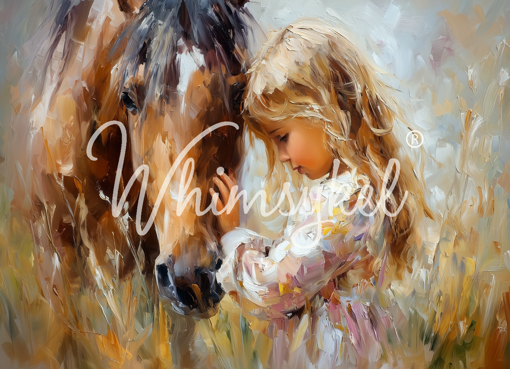 Painting of a child and horse with 'Whimsical' logo.