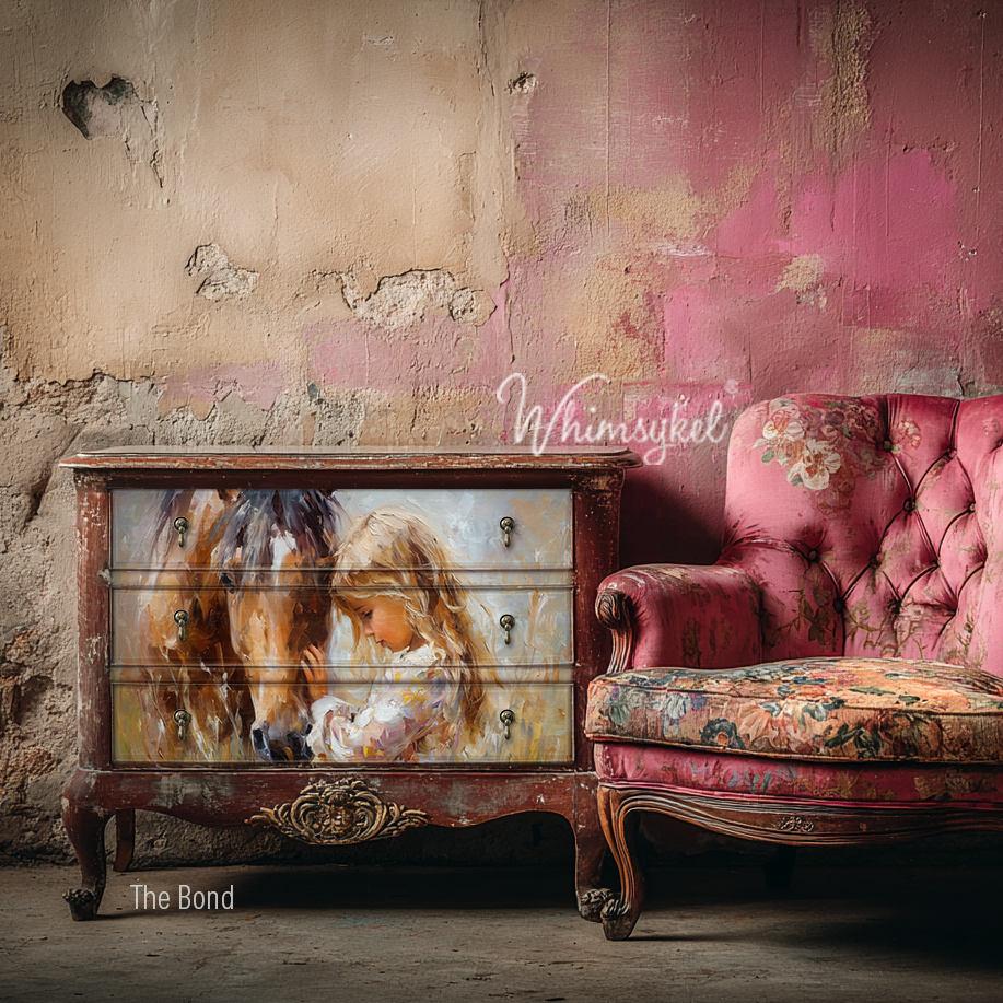 Vintage dresser with horse and girl design next to a floral armchair against a textured wall.