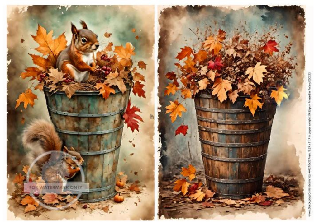 autumn leaves in wood baskets with squirrelsRice Paper from Decoupage Central 