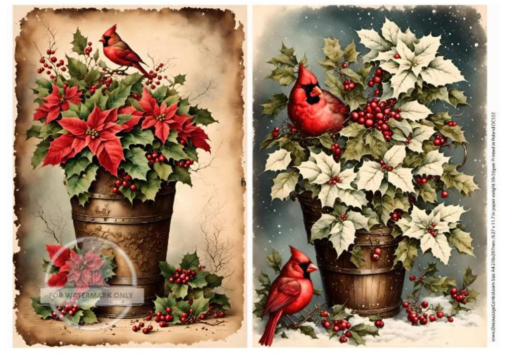 Red cardinals with poinsettia in baskets Rice Paper from Decoupage Central