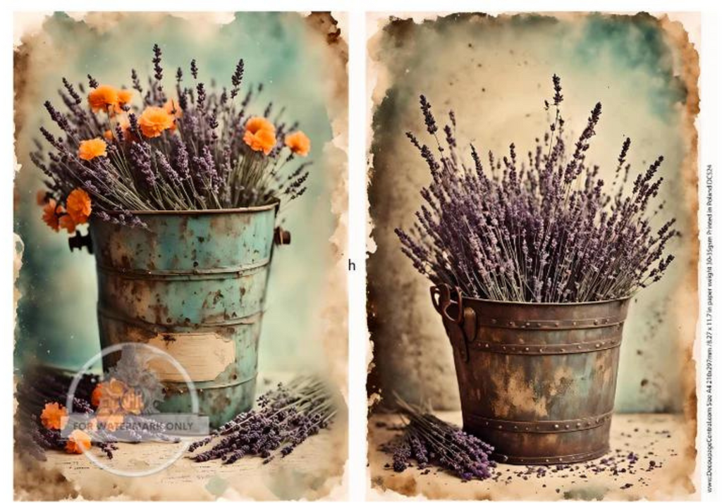 lavender blossoms in metal buckets Rice Paper from Decoupage Central