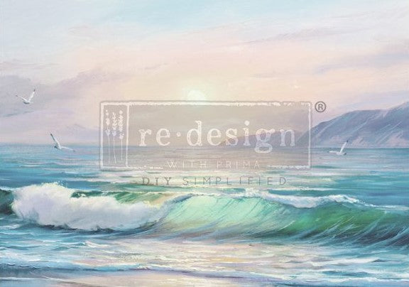 ReDesign with Prima's Tranquil Tides A1 size Tear Resistant Decoupage Paper in ocean waves pattern with background mountains.