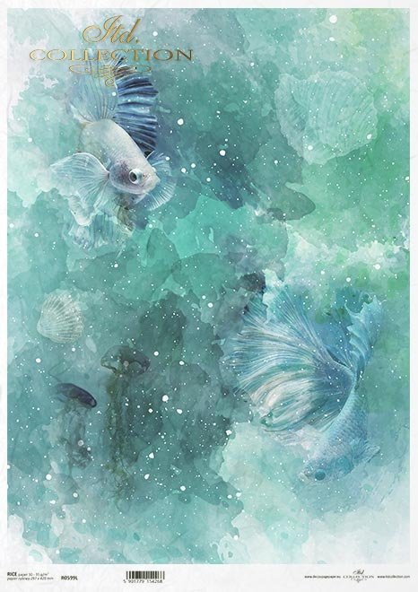 Blue with on blue green background. ITD Collection Rice Paper
