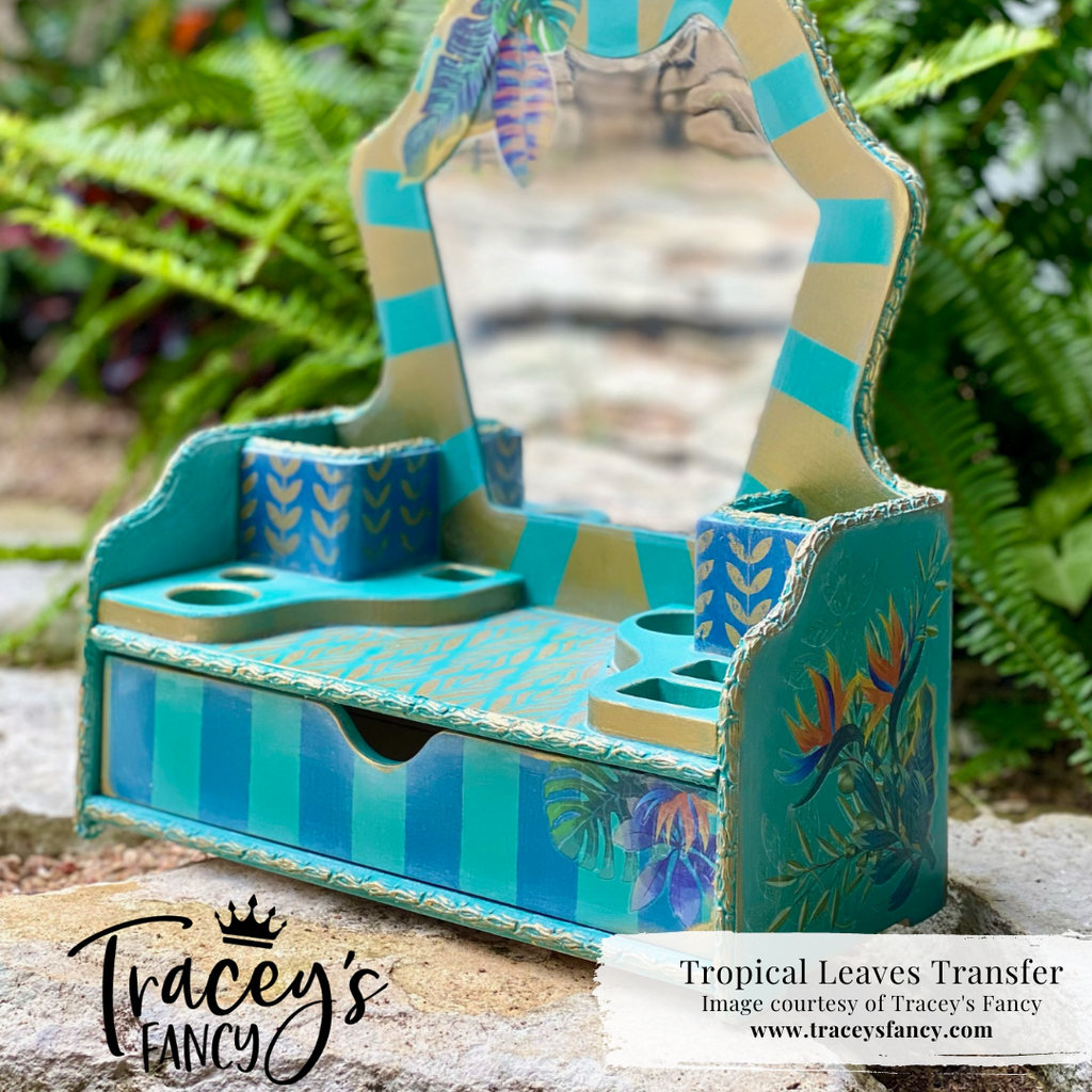 Blue green and orange tropical leaves and flowers on white background by Belles and Whistles Rub on Transfer Decal