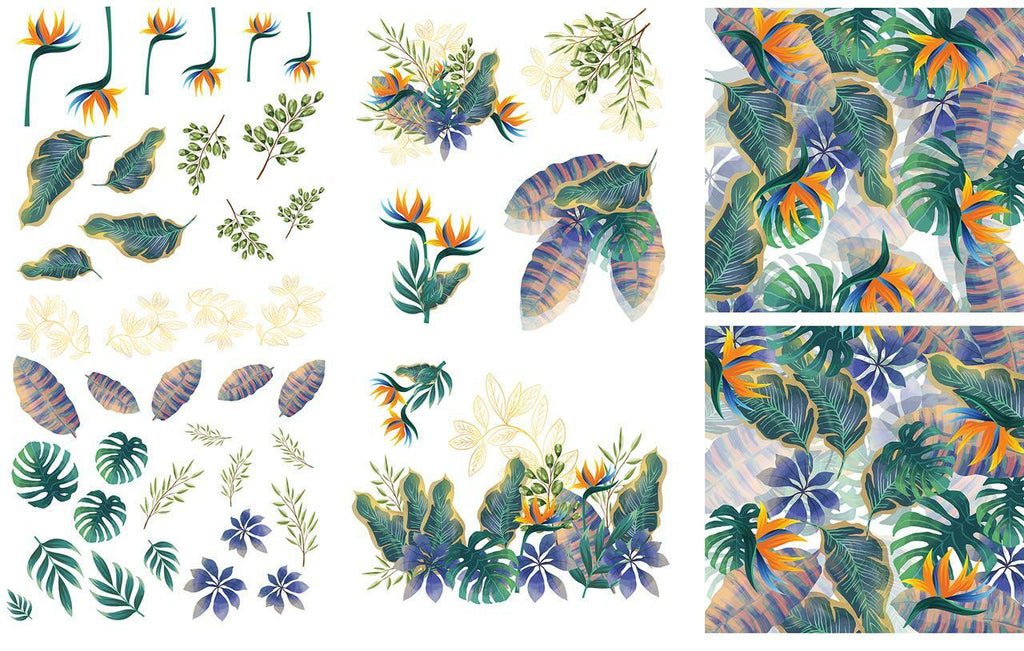 Blue green and orange tropical leaves and flowers on white background by Belles and Whistles Rub on Transfer Decal