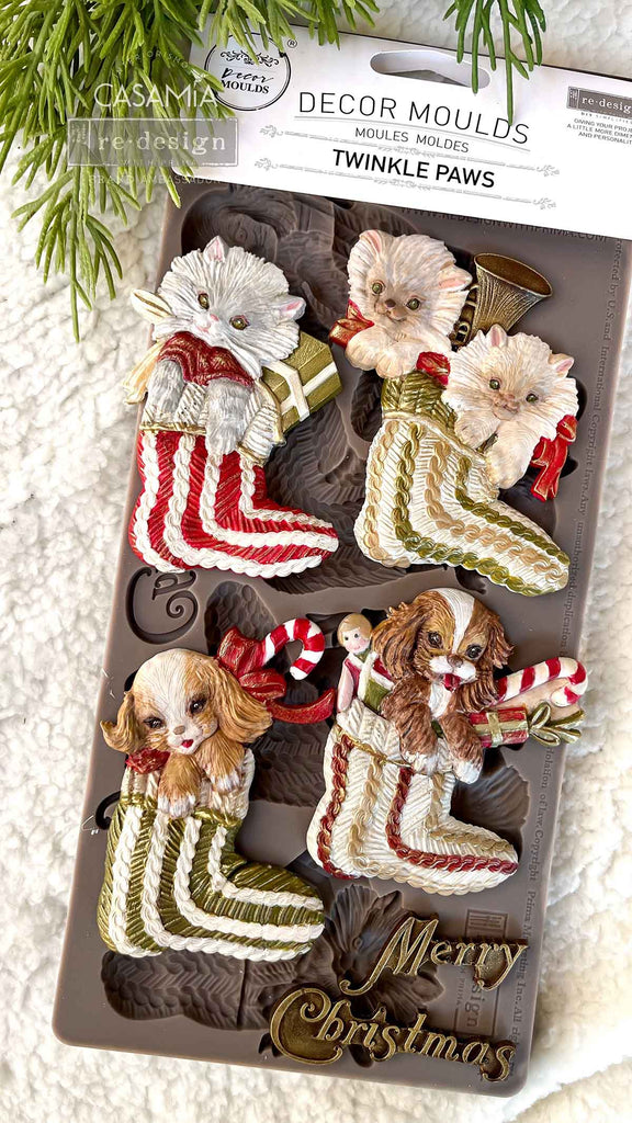 Redesign with Prima Festive Twinkle Paws mold with 5 figures; puppy in stocking kitten in stocking "Merry Christmas"