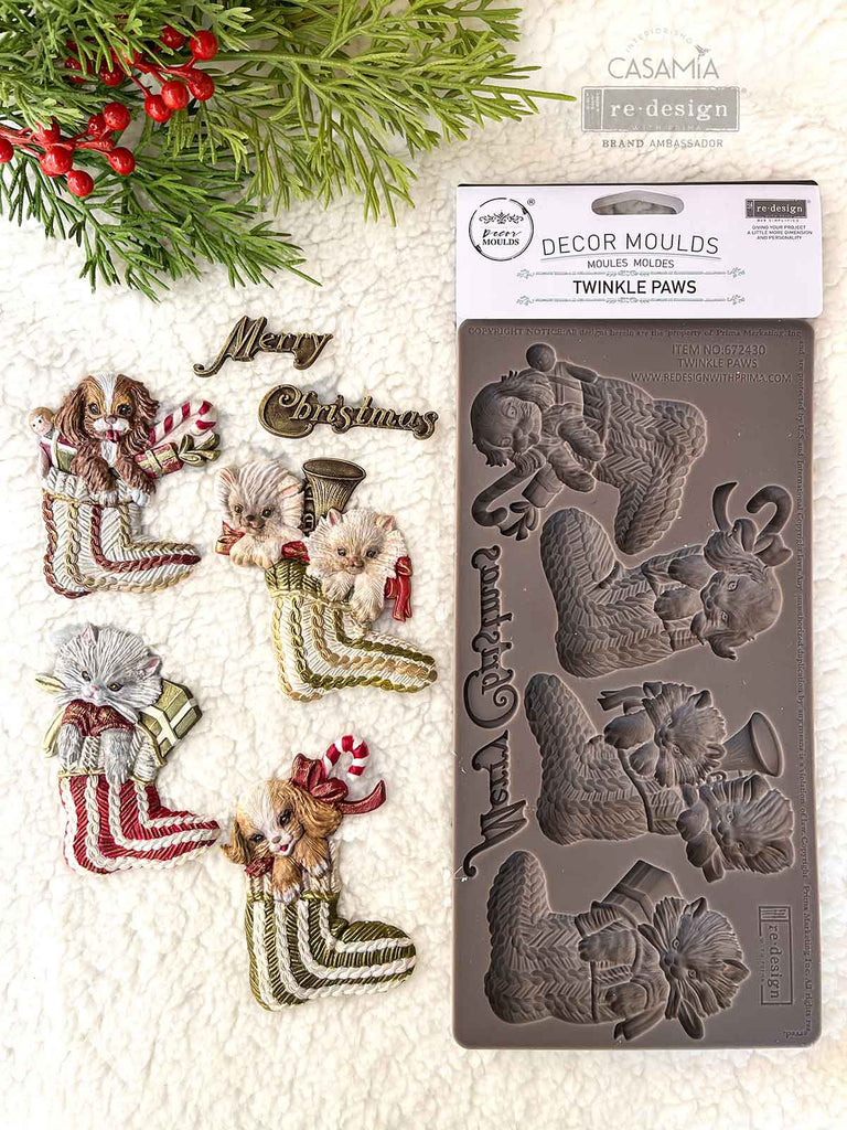 Redesign with Prima Festive Twinkle Paws mold with 5 figures; puppy in stocking kitten in stocking "Merry Christmas"