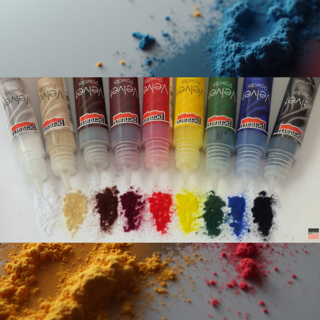 Set of Pentart velvet markers with color samples on a white background