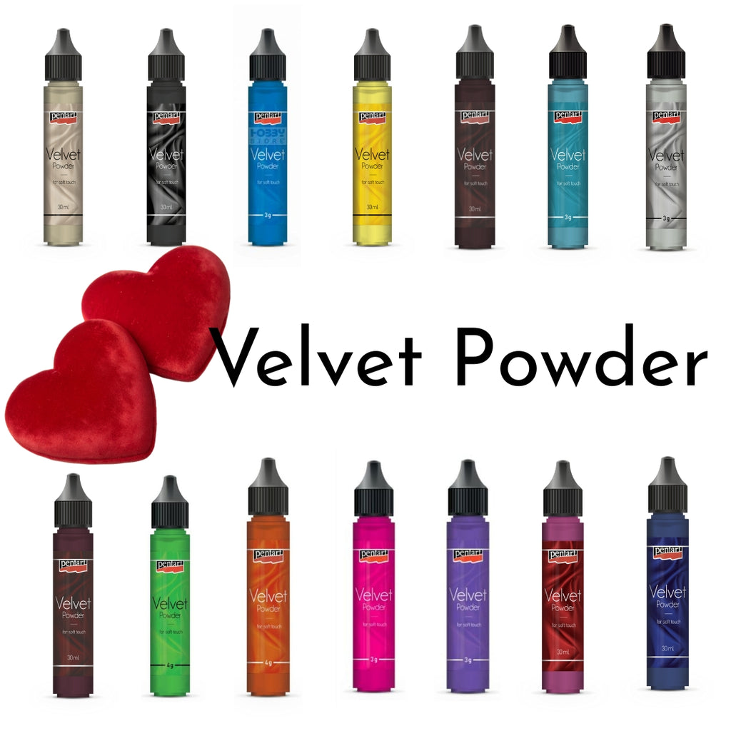 Assorted bottles of Velvet Powder in various colors on a white background.