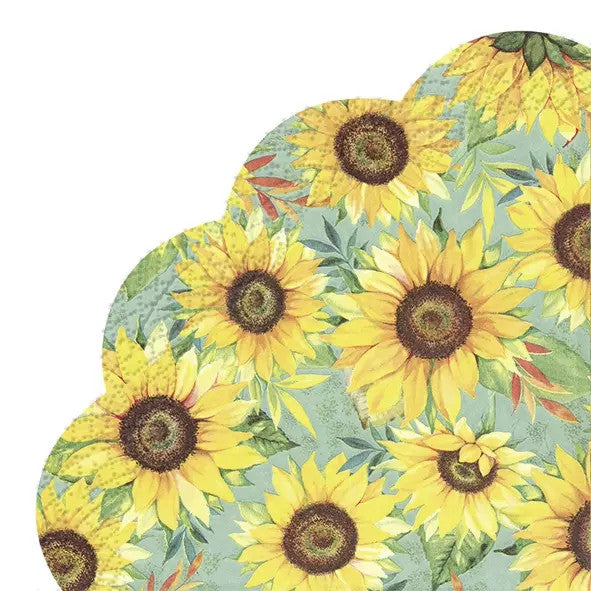 Yellow sunflowers on green background Round paper napkin for decoupage.