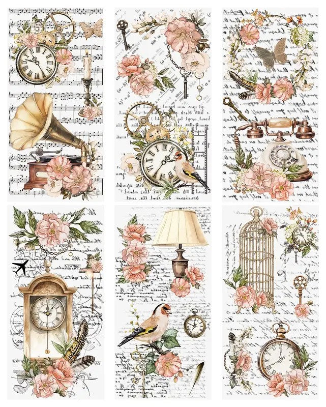 vintage elements like gramophone,  clock and birdcages on sheet music rub on transfers