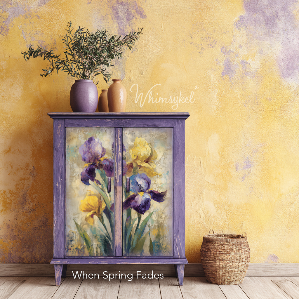 Decorative cabinet with floral design on a yellow wall, featuring the brand 'Whimsyfelt'.