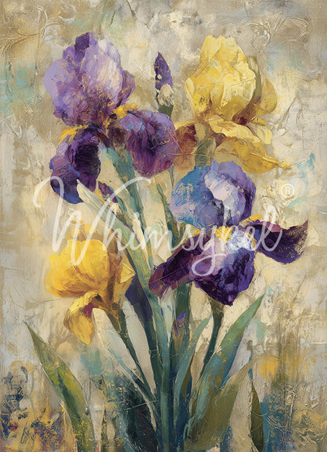 Painting of purple and yellow irises on a textured background