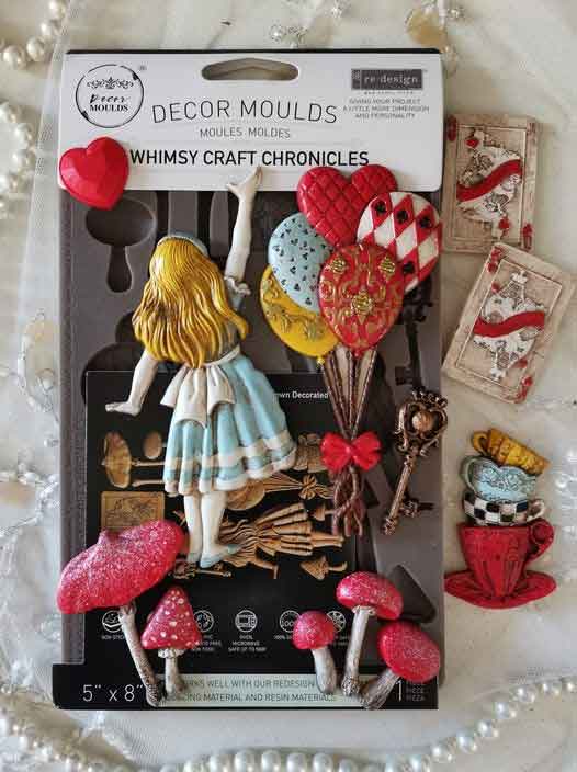 Redesign with Prima Whimsy Craft Chronicles mold with 12 figures; Alice balloons playing card key cup mushroom