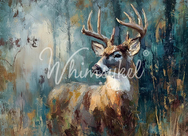 Painting of a deer with large antlers in a forest setting, featuring the brand 'Whimsieel'.