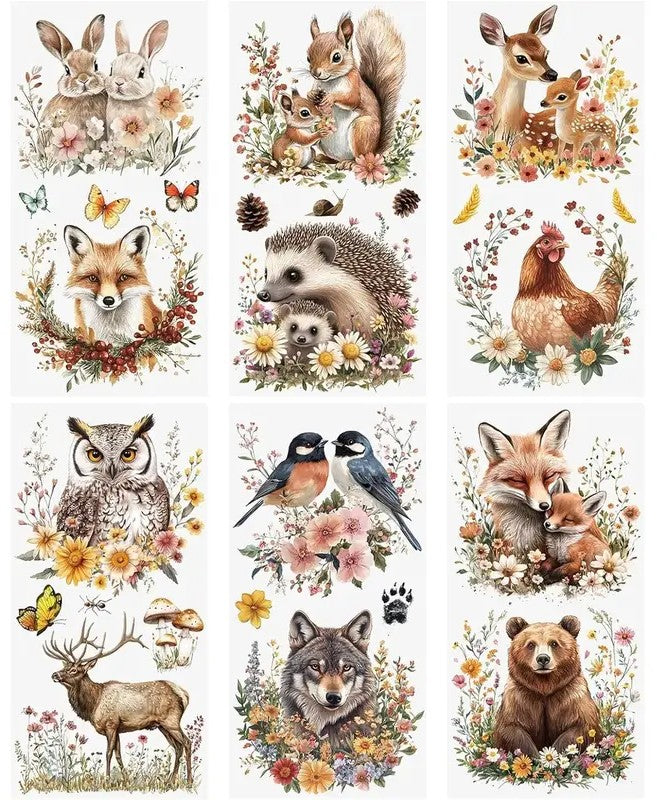 cute animals like bunnies, squirrels deer and other forest animals rub on transfers on home decor items