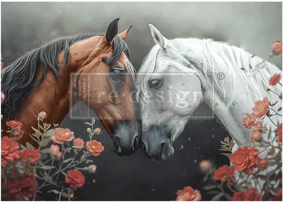 Wild Hearts A1 size Tear Resistant Decoupage Paper with brown and white horse touching faces pattern. Red roses.