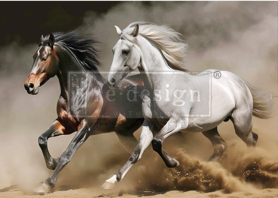 ReDesign with Prima's Wild Maneuvers A1 size Tear Resistant Decoupage Paper depicting brown and white wild horses running through dirt.