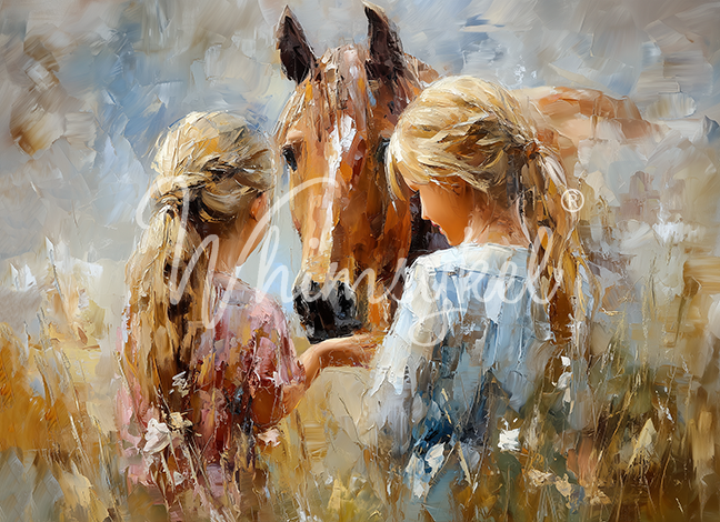 Painting of two people interacting with a horse in a natural setting