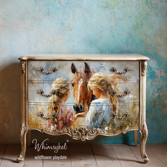 Decorative dresser with artistic depiction of children and horses, brand 'Whimsykel' visible.